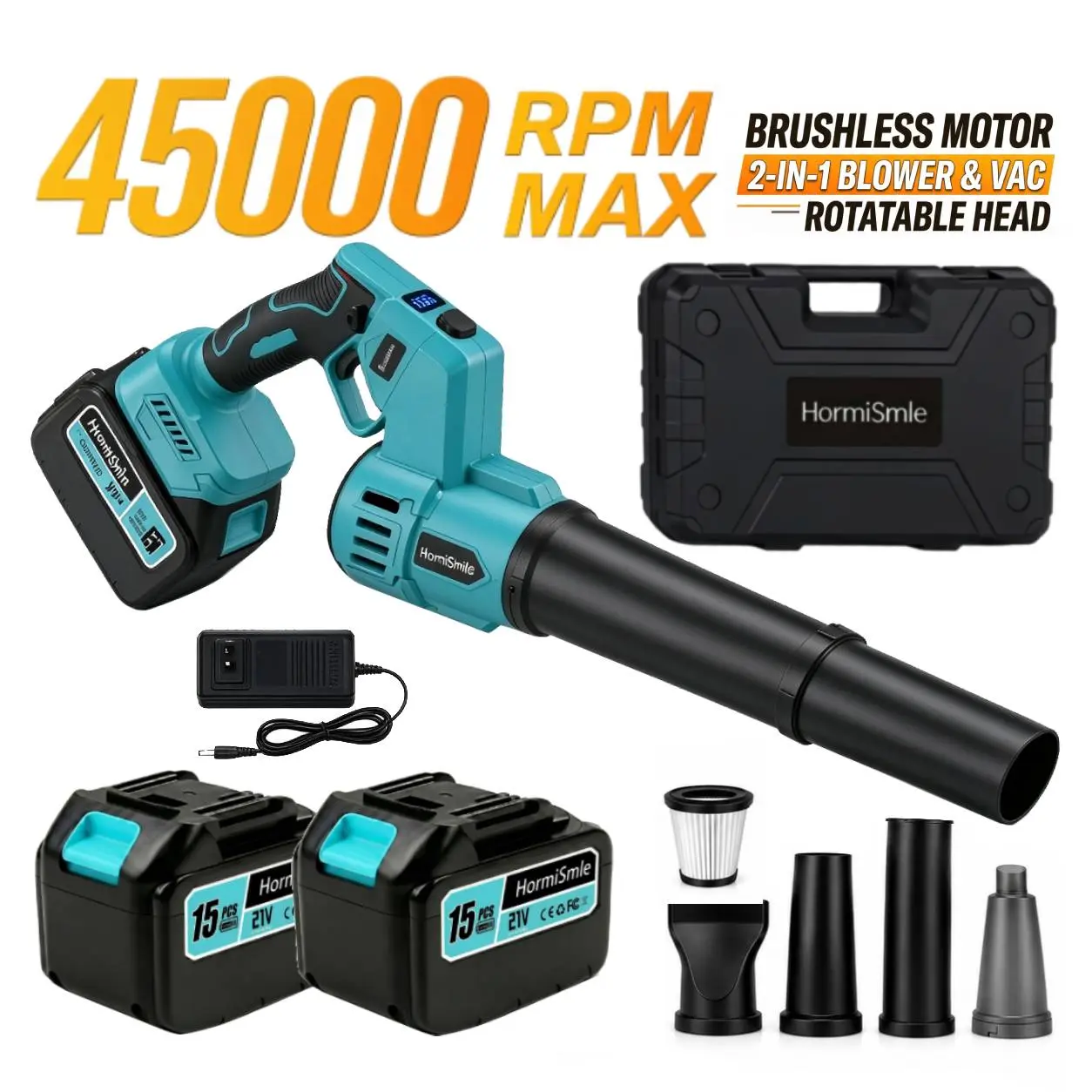45000 RPM 2-in-1 Blow & Vacuum Turbo Jet Blower, 15-Cell Battery & LED Display, Brushless Leaf Blower for Yard Sweeping, Violent Turbo Fan, Handheld Car Vacuum, Auto Detailing, Car Drying After Wash, PC Keyboard Cleaner Holiday gifts