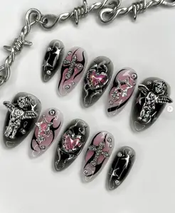 Y2K Angel Goth Press On Nails | Pink Chrome Hearts, Stars, Crosses & 3D Cherubs | Black Flame Nail Art with Grunge Angelcore Vibes