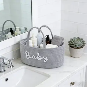 Woven Storage Basket with 3 Compartments, Portable Nursery Organizer for Baby Bottles & Diapers, Multi-Use Home Decor & Bathroom Storage Bin, Room Organization Products