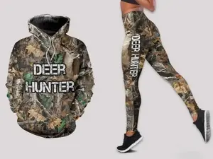 Deer Hunting Gift Hoodie and Leggings Set – Personalized US Size Deer Hunter Outfit, Country Girl Camo Sweatshirt and Pants Combo