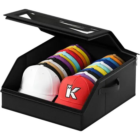 Black Stackable Baseball Cap Storage Box with PVC Window, Fits 24 Hats, Breathable Linen Fabric Organizer, Dustproof Home Storage Bin for Wardrobe, Closet & Bedroom Organization