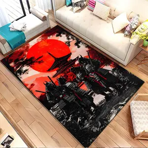 Samurai silhouette with red sun backdrop. Printed pattern home carpet, suitable for living room, bedroom, kitchen mat, home decoration, carpet, and suitable as a holiday gift for family and fr