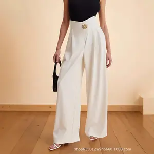 Women Wide Leg Pants Elegant Pockets Asymmetrical High Waisted Button Front High Waist Wide Leg Breathable Stretch Loose Fit Slim Fit Multi Pocket