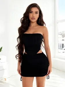 Women's Sexy Y2K Style Sleeveless Strapless Crop Top & Ruched Skirt Set, Outfit, Summer Fashion, Slim-Fit Plain Design, Perfect for Parties & Casual
