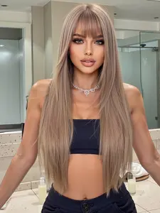 Medium-Length Straight Blonde Wig with Bangs, 28 Inch Non-Wig Synthetic Hair, Synthetic Material Wigs, Daily Use for Women, Fashionable Hair Accessory