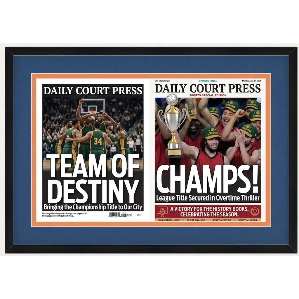 New York Daily News Newspaper Frame, Full 2-Page Spread, Black Wood, Blue & Orange Mat
