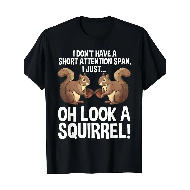 100% Cotton Classic Fit Stitch T-Shirt, Short-Sleeve Round Neck Streetwear, Funny ADHD Squirrel Design for Chipmunk Pet Lovers, Men's/Women's Fabric Tops
