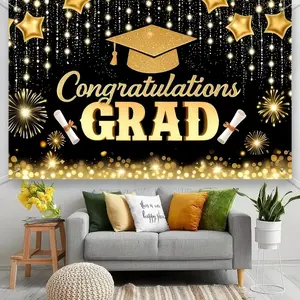 2D Flat Banner, Outdoor Banners, Gold Congratulations Grad Backdrop, 2026 Graduation Photo Booth Background, High School College Party Decor