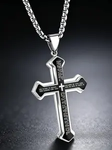 Men's Durable Long Stainless Steel Lord's Prayer Cross Necklace - Engraved Bible Verse Pendant, Waterproof Male Christian Religious Fashion Jewelry, Ideal Gift