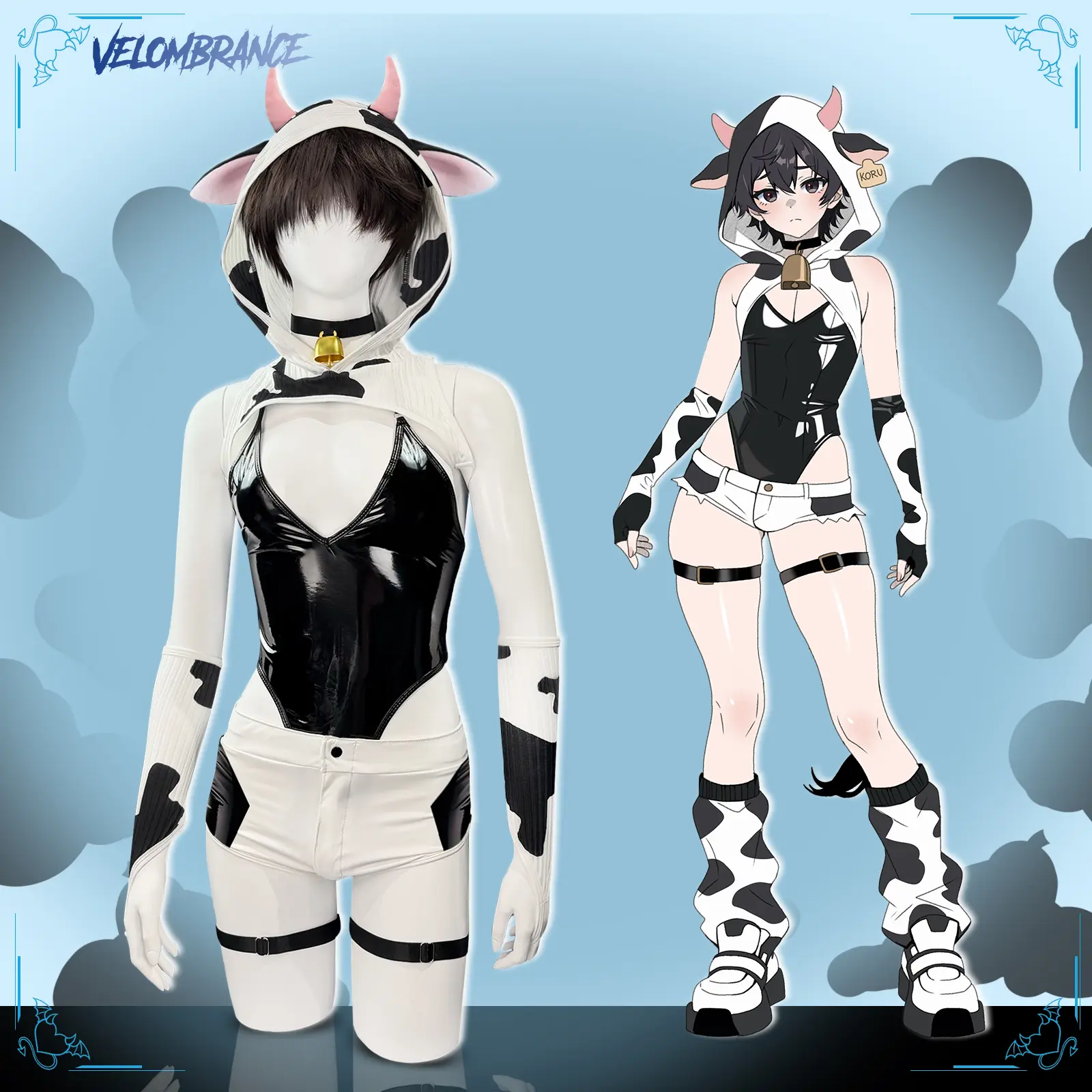 KORURACLUB Men's 7-Piece Cow Velour Bodysuit Set - Menswear Special Occasion Underwear, Clothes, Cosplay, Anime-Inspired & Character-Inspired Costume Sets (AS42), Unique Gifts for Man,