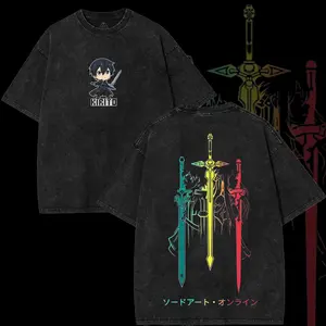 Vintage Limited SAO Kirito x Asuna Sword Art Online Anime Double-Sided Printed Retro Oversized Washed Graphic T-Shirt, Casual Y2K Oversize Anime Manga Acid Wash Graphic Tee, Unisex Cotton Streetwear Otaku Top Fit, Gift For Fan Anime Lover