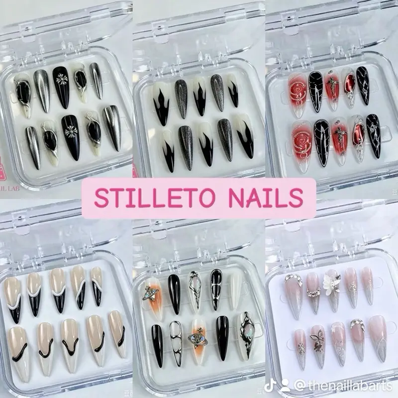 TheNailLab LONG STILETTO Press on Nails 10pcs Black Chrome Glossy 3D Acrylic with Rhinestones for Salon Quality at Home Use