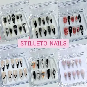 The Nail Lab LONG STILETTO Press on Nails 10pcs Black Chrome Glossy 3D Acrylic with Rhinestones for Salon Quality at Home Use