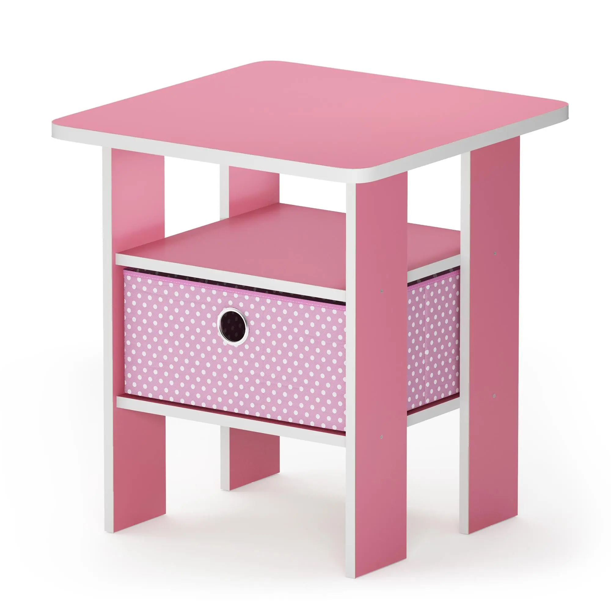 ANDREY Pink 2-in-1 Multi-Function Child-Safe End Table with Storage Bin and Open Shelves, Ideal for Bedrooms and Small Spaces, Stylish Indoor Furniture Decor, Child-Safe End Tables, 2-In-1 End Tables