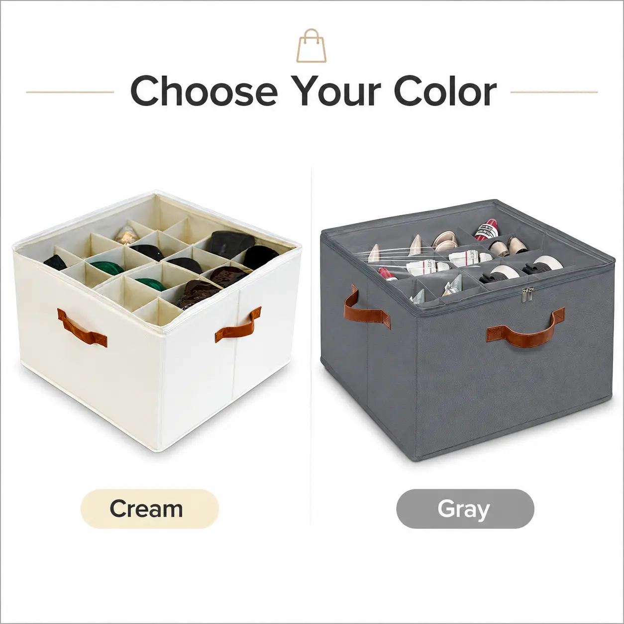 2-Pack Shoe, Sock & Underwear Organizer for Closet, 16 Compartments Each, Foldable Storage Boxes with Clear Zippered Lids, Adjustable Dividers and Reinforced Handles, Cream & Gray