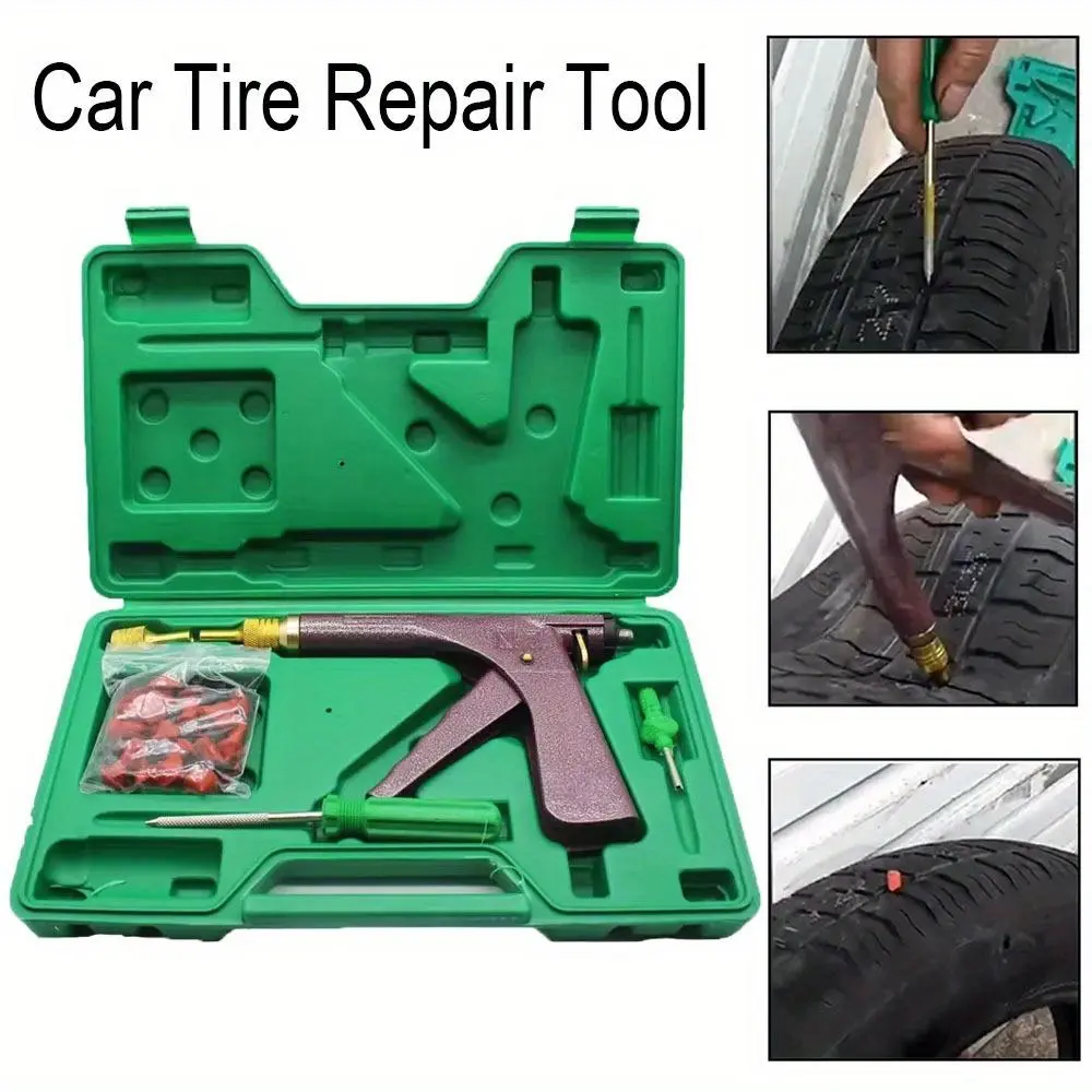 Flat Tire Repair Kit for Cars & Motorcycles, Automotive Tool Set with Puncture Fix Gun, Mushroom Plug, Probe Nozzle