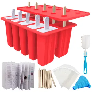 【Child's favorite!】Homemade Popsicle Molds Shapes, 10PCS Silicone Ice Pop Maker Non-BPA, with 50 Sticks, 50 Bags, 10 Reusable Sticks, Funnel, Brush and Ice Pop Recipes-Red