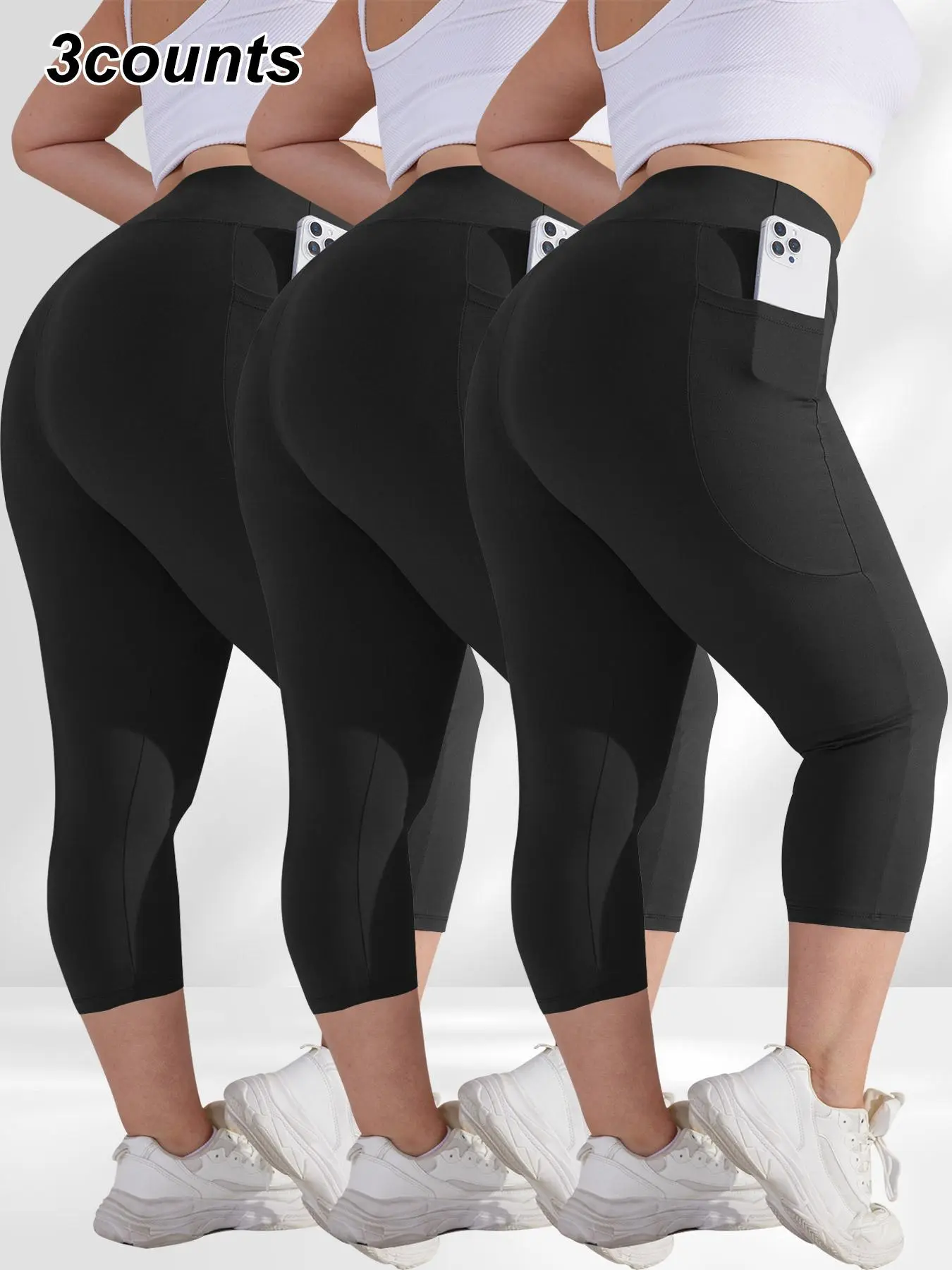 [Plus Size] Solid Color Pocket Skinny Fitted Athletic Legging Capris, Casual Comfy Breathable High Waist Sports Capri Leggings for Daily Wear, Women's Bottoms for Summer, Womenswear, Activewear, Fitness Tight Capri Training Leggings