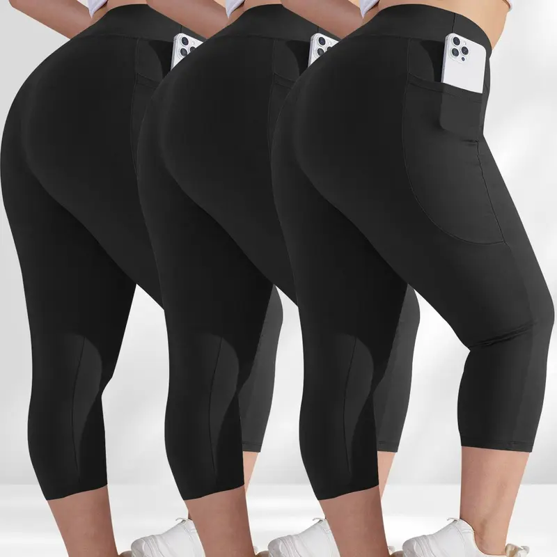 [Plus Size] Solid Color Pocket Skinny Fitted Athletic Legging Capris, Casual Comfy Breathable High Waist Sports Capri Leggings for Daily Wear, Women's Bottoms for Summer, Womenswear, Activewear, Fitness Tight Capri Training Leggings