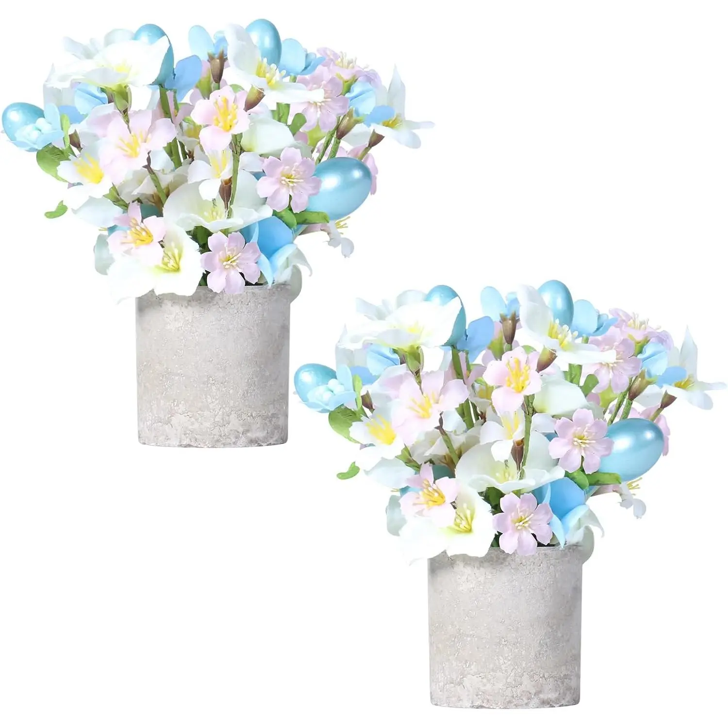 2PCS Decorative Artificial Easter Blue Flower Egg Potted Plant Ornaments, Holiday Home Farmhouse Fireplace Spring Party Table Decor Supplies