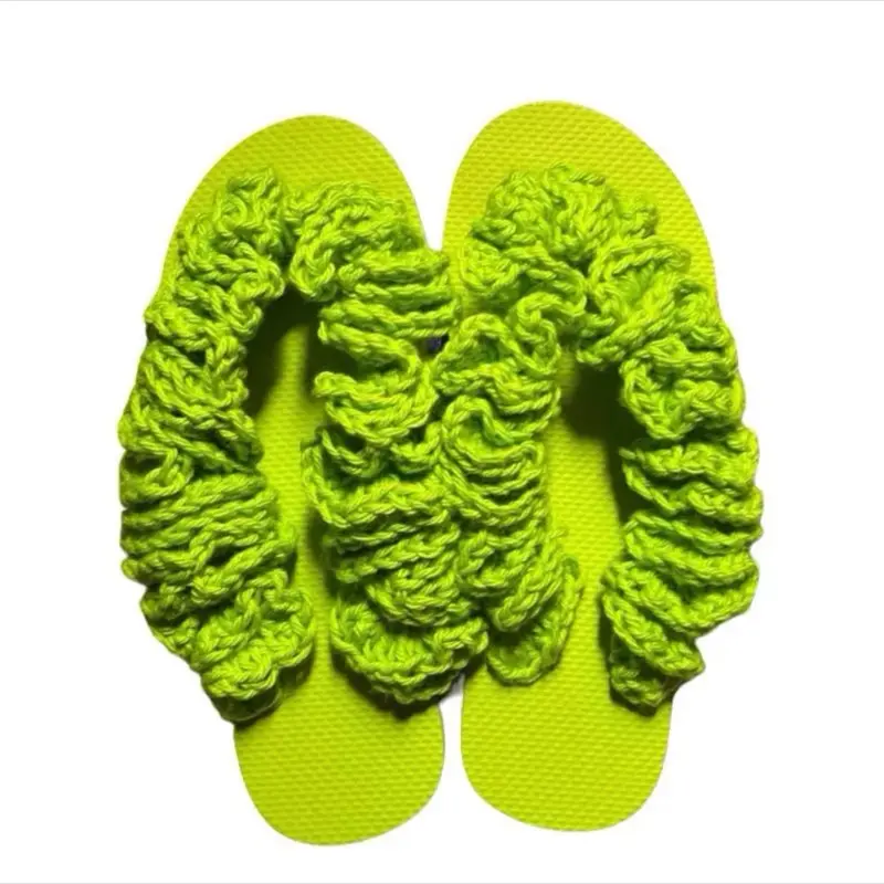 Hand Crafted Crocheted Flip Flop with Ruffles Neon Green Size 7/8 Comfortable Easy to Use.