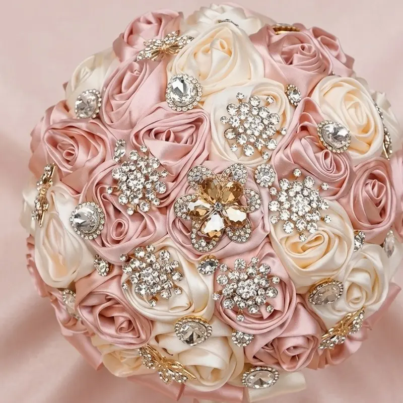 Artificial Flower Bouquet for Quinceañera or Bride with Elegant Brooches and Soft Pink and Cream Roses