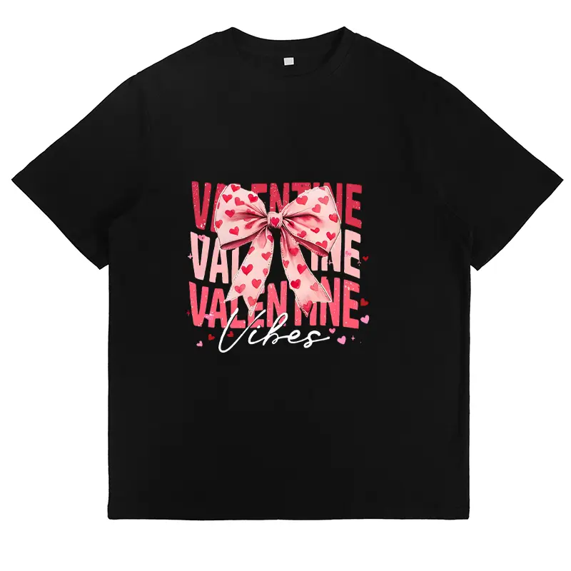Womens Valentines Day Graphic Tee Pink Bow Heart Print Cute Love Vibes Shirt Short Sleeve Crewneck Soft Casual Oversized Trendy Outfit for Date Night Party Gift Top