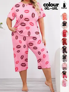 Plus Size Two-piece Set All Over Print Shortsleeve Tee & Wide Leg Capris Pants Pyjama Set, Casual Soft Comfortable Round Neck Short Sleeve T-shirt & Trousers Loungewear Set, Casual Comfy Pajama, Women's Sleepwear for All Seasons, Lounge Sets