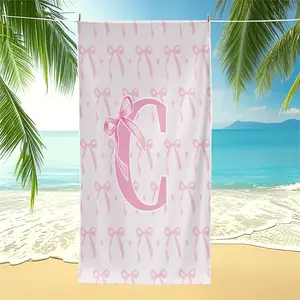 Pink Bow Initial Beach Towel,  Aesthetic Sand Free Towel, Preppy Girly Monogrammed Beach Blanket, Soft Pastel Pink Heart Pattern Pool Towel for Teen Girls, Women, Beach, Pool, Travel, and Bathroom Machine Washable