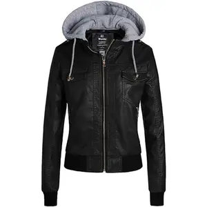 Women's Lightweight Leather Jacket Casual Motorcycle PU Biker Coat with Removable Hood