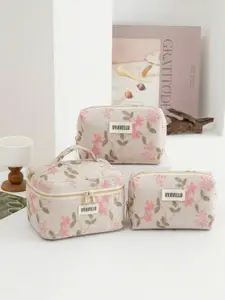 1/3 Large-capacity pink cosmetic bag, floral pattern travel toiletry bag, fashionable high-end zippered portable travel toiletry bag, portable storage bag, linen patchwork embroidery cosmetic bag, travel essentials, school supplies, soft fabric cosmetic b