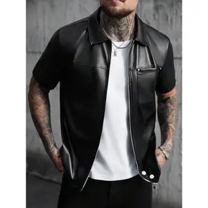 Men's Loose Fit PU Leather Front Zip Short Sleeve Shirt, Streetwear Inspired Men's Leather Shirt Men's Black Shirt