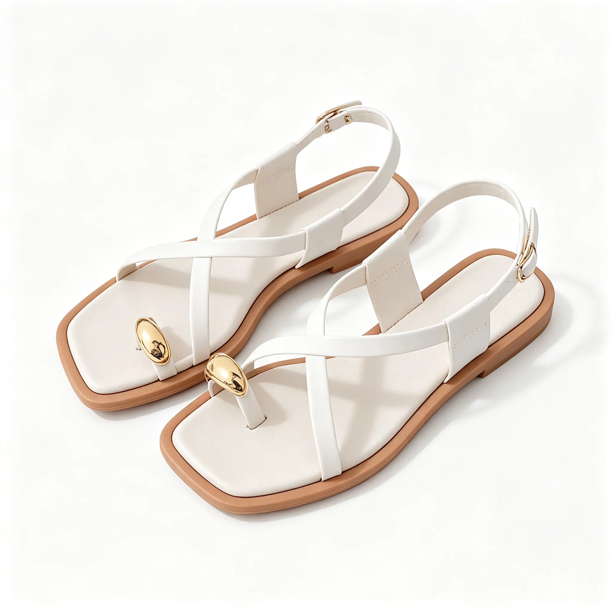 Strappy Flat Sandals for Women Toe RingSlingback Flats with Gold Ball Ankle BuckleSummer Beach Gladiator Shoes summer