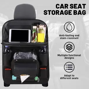 Multi-Pocket PU Leather Car Back Seat Organizer Foldable Table Tray Touch Screen Tablet Phone Holder Kick Mat Backseat Storage Bag Universal Auto Interior Travel Accessories Kids Toy Snack Tissue Cup Holder