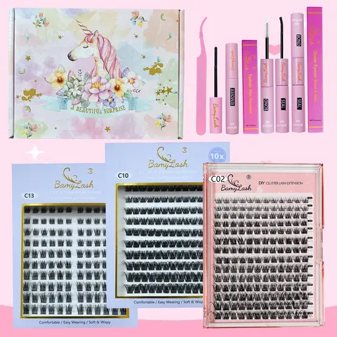 Natural Look DIY Eyelash Extensions Kit, 1 Set Including 3 Boxes Mixed Length Fluffy Volume Cluster Lashes Voluminous False Eyelashes with Lash Glue & Tweezers & Lash Remover, Eye Makeup Enhancement Set for Women