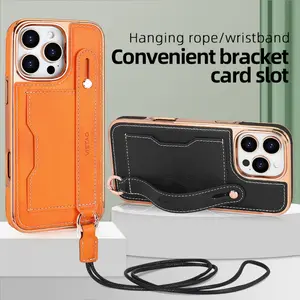 Phone case for iPhone 17 Pro/17 Promax - Electroplated skin design, comes with finger ring wristband, equipped with hanging strap, card holder design, featuring a business-luxury high-end style, fashionable mobile phone accessory.