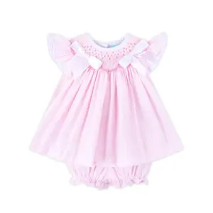 Pretty In Pink Stripe Smocked Bloomer Set - Sweet Outfit with Geometric Smocking for Little Girls