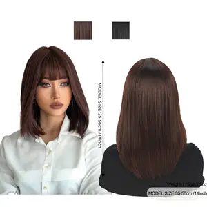 Shoulder-Length Layered Wigs With Bangs -14 Inch Peek-a-boo Color Black Mix Brown Mid-Length Wavy Wigs For Linen brown Women, Heat Resistant Synthetic Hair Replacement Wigs (14 Inch, 6)