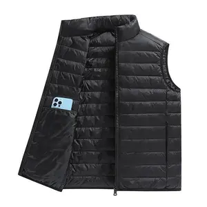 Men's Wine Red Zip-Up White Duck Down Vest - Lightweight, Stand Collar with Pockets