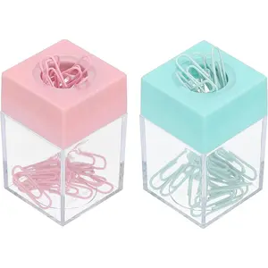 Magnetic Paper Clip Holder Dispenser, 2 Pcs Large Capacity Paper Clip Organizers with Magnetic Top for Desk Supplies, Office, Classroom, Home, Pink, Green