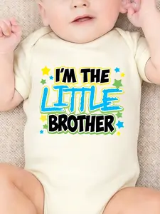 Cute short-sleeved crawling clothes for newborn baby boys with "I'M THE LITTLE BROTHER " cartoon prints, suitable for both boys and girls, perfect pregnancy gift, baby's triangle one-piece clothes