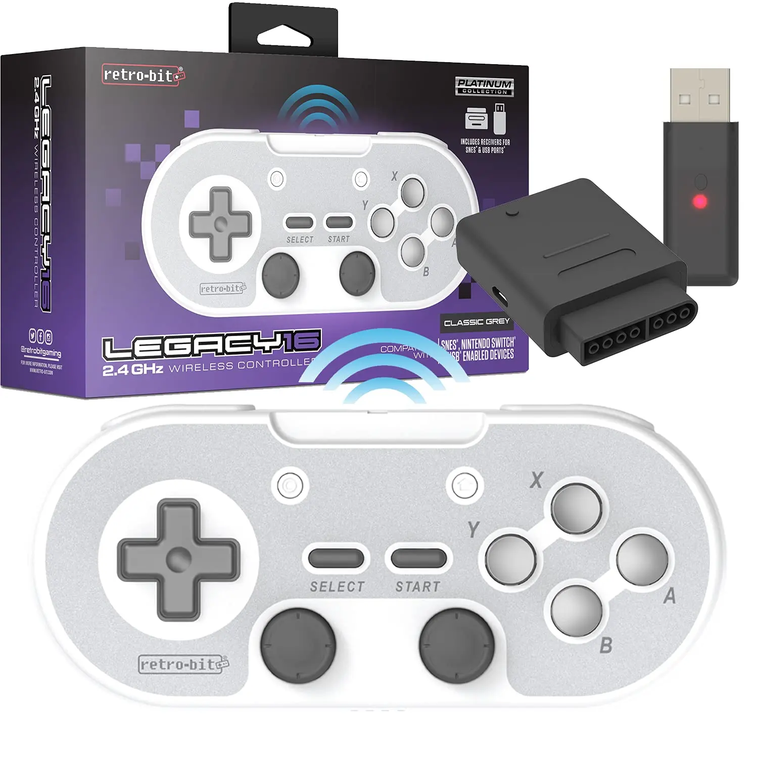 Retro-Bit Legacy16 2.4GHz Wireless Controller for SNES, Switch, and USB Devices - Classic Grey