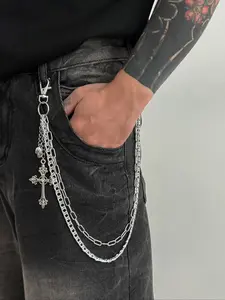 Men's Cross Skull Pendant Multi-Layered Tassel Metal Fashion Accessory, Hip Hop Punk Style Pants Chain, Vintage Waist Jewelry Gift, Body Chain
