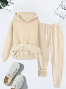 Women's Casual Sporty Hoodie Set, Thick Fleece Lined Pullover & Sweatpants, Fashionable Comfortable for Daily Wear, Casual Sportswear