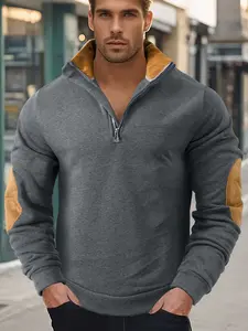 Men's Autumn Zipper Wool Lined Henry Neck Patchwork Pullover Sweatshirt, Thick Casual Long Sleeve Streetwear, Casual Street Fashion, Vintage Style Outdoor Wear