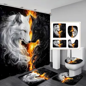 Creative Yin Yang Wolf Theme Bath Curtain Set, Waterproof Shower Curtains with 12 Hooks, Bathroom Decor, Bathroom Accessory, Christmas Gift