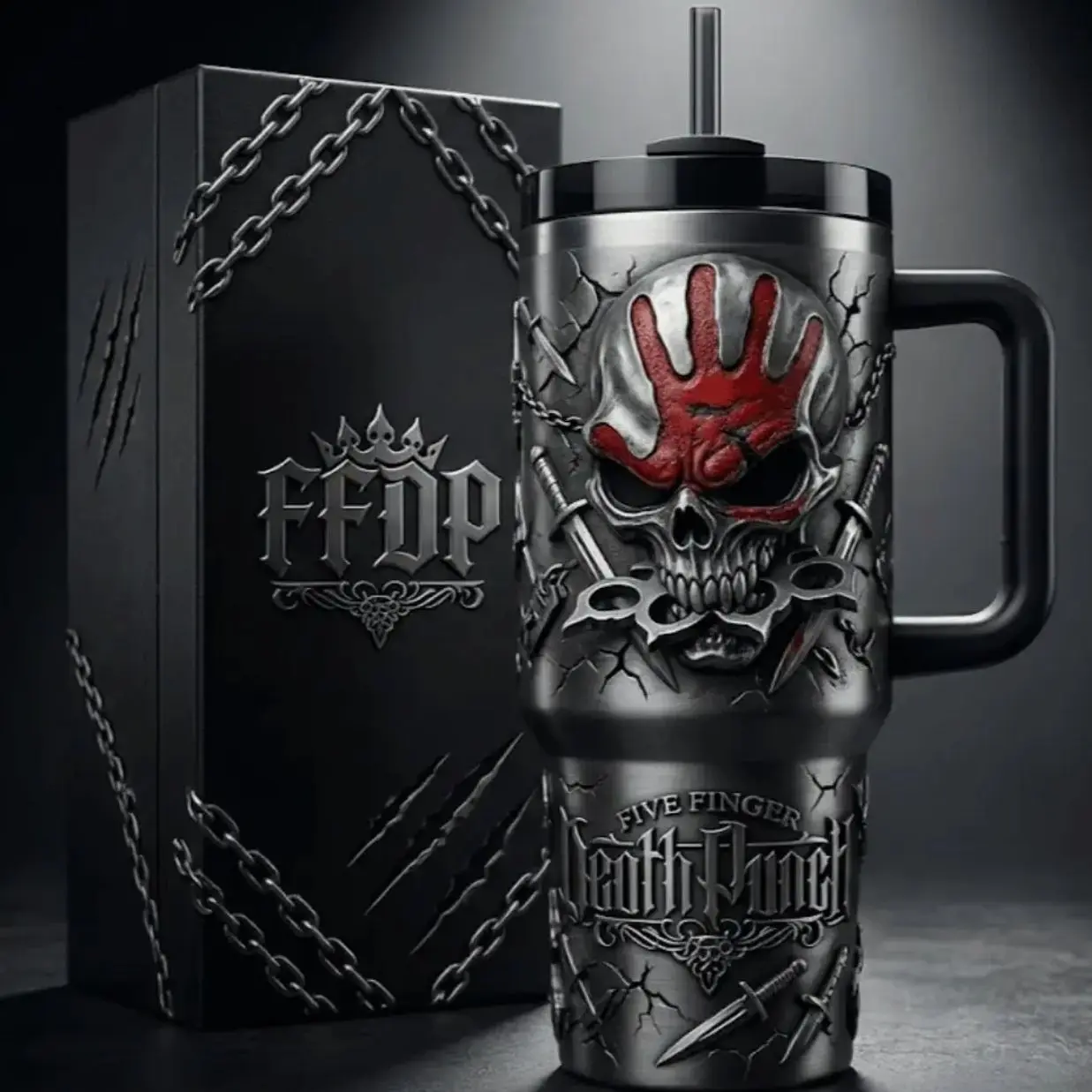 Five Finger Death Punch FFDP 40oz Tumbler With Handle, Premium Vacuum Insulated Stainless Steel Travel Mug, Heavy Metal Band Collector Gift