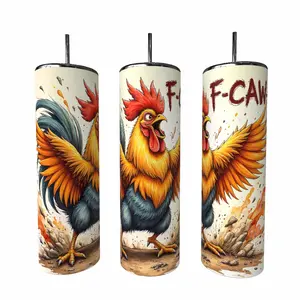 Funny F-CAW-F Chicken Rooster 20oz Skinny Tumbler Insulated with Lid & Straw Coffee Mug Portable Vacuum Flask for Hot Cold Drinks Customizable Sublimation Design
