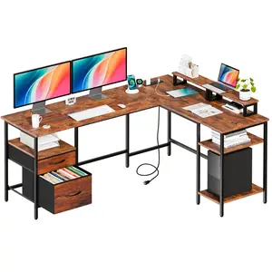 Sweetcrispy 62-Inch L-Shaped Sturdy Modern Gaming Desk, Corner Home Office Desk with Charging Station, Dual Monitor Riser, Wood Drawer & Adjustable Shelves, Home Office Desks
