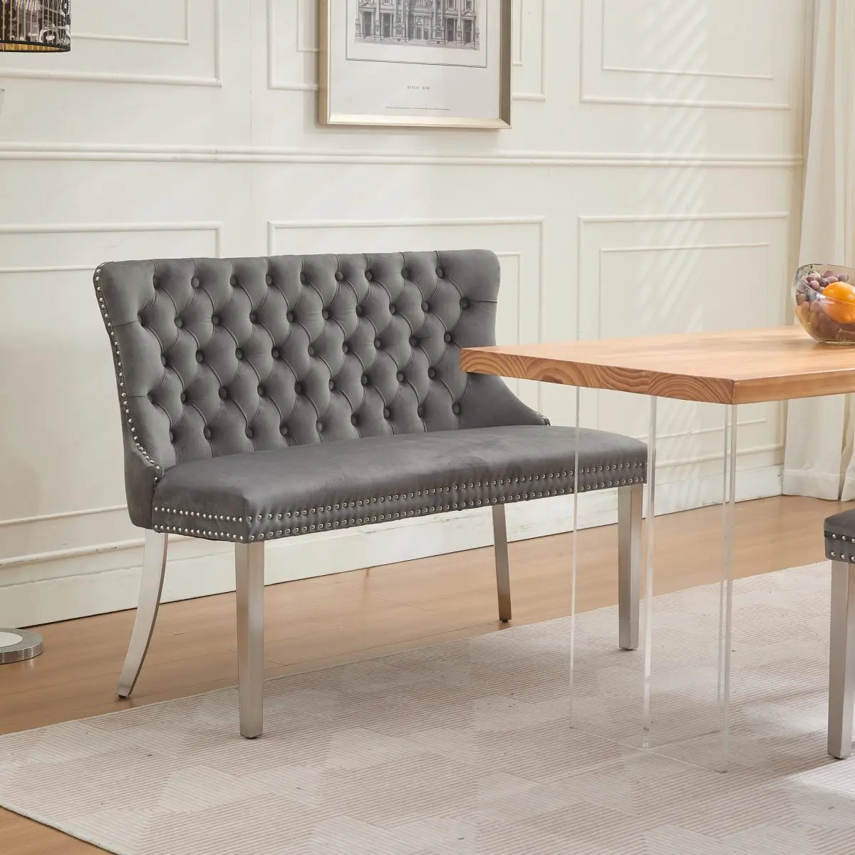 [Fahuac] Velvet Double Dining Loveseat Bench for Friends & Family - 47 Handmade Tufted Buttons, Brushed Silver Legs, Gray, Soft Cushioned Upholstery, Stainless Steel Accents, Dining Room Use, Comfortable Sitting Feeling, Exquisite Craftsmanship